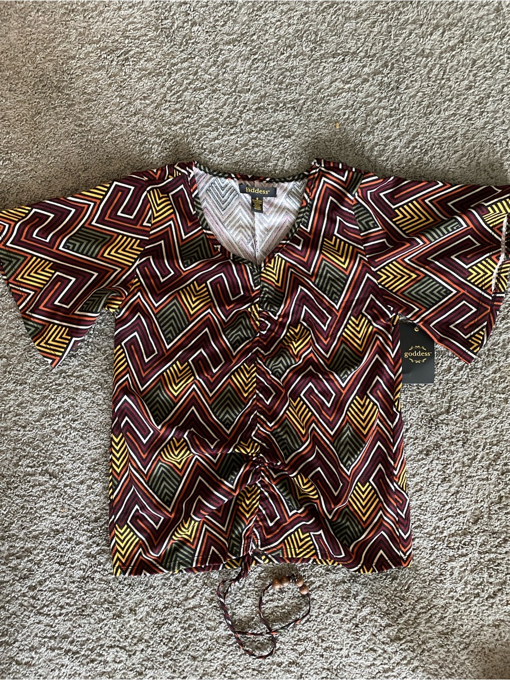 Goddess Burgundy Geometric Print Blouse with Front Tie-women